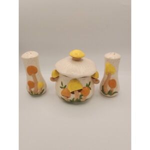 Arnels Mushroom Salt & Pepper Shakers with Sugar Bowl Ceramic Vintage